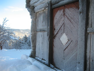 Image showing Front door of old Norwegian stabbur (traditional storage building)