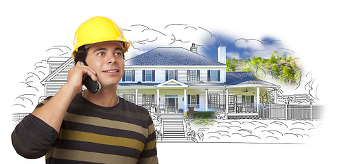 Image showing Hispanic Construction Worker on Phone Over House Drawing and Pho