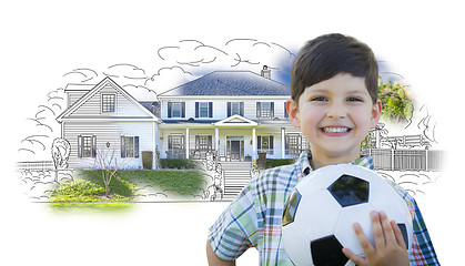 Image showing Boy Holding Soccer Ball In Front of House Sketch Photo