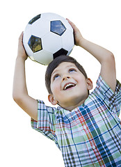 Image showing Cute Young Boy Holding Soccer Ball Isolated on White