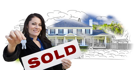 Image showing Woman, Keys, Sold Sign Over House Drawing and Photo on White