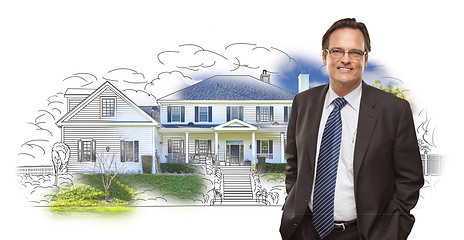 Image showing Man Wearing Neck Tie Over House Drawing and Photo