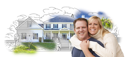 Image showing Hugging Couple Over House Drawing and Photo on White