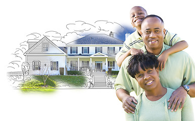 Image showing African American Family Over House Drawing and Photo on White