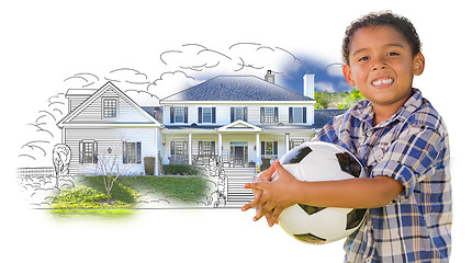 Image showing Mixed Race Boy Holding Ball Over House Drawing and Photo