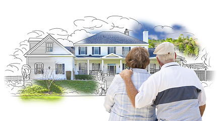 Image showing Embracing Senior Couple Over House Drawing and Photo on White