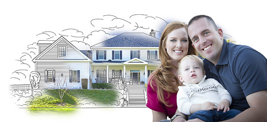 Image showing Young Military Family Over House Drawing and Photo