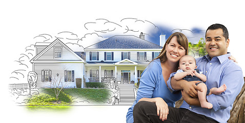 Image showing Mixed Race Family Over House Drawing and Photo