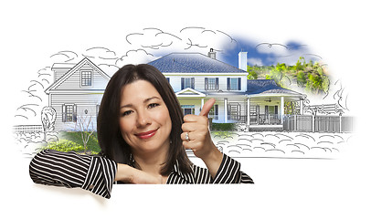 Image showing Woman with Thumbs Up Over House Drawing and Photo