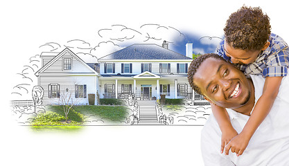 Image showing Mixed Race Father and Son Over House Drawing and Photo