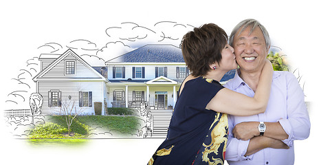 Image showing Senior Chinese Couple In Front of House Sketch Photo Combination