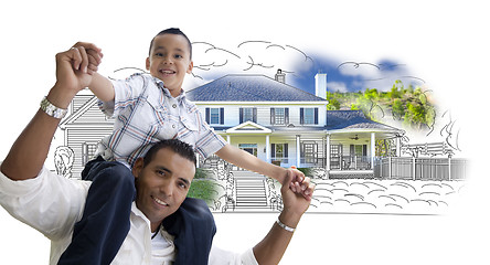 Image showing Hispanic Father and Son Over House Drawing and Photo