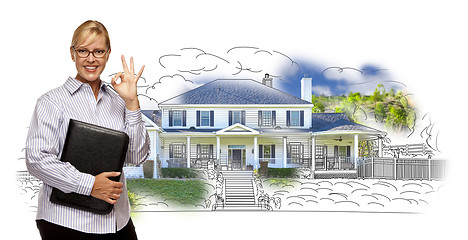 Image showing Woman with Okay Sign Over House Drawing and Photo