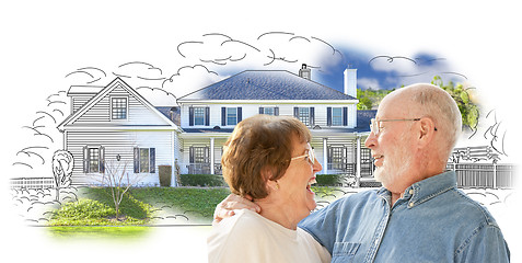 Image showing Happy Senior Couple Over House Drawing and Photo on White