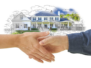 Image showing Shaking Hands in Front of New House Drawing Photo Combination