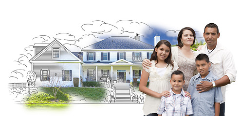 Image showing Young Hispanic Family Over House Drawing and Photo on White