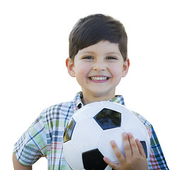 Image showing Cute Young Boy Holding Soccer Ball Isolated on White