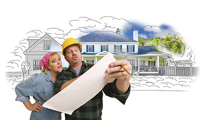 Image showing Woman with Contractor Over House Drawing and Photo on White