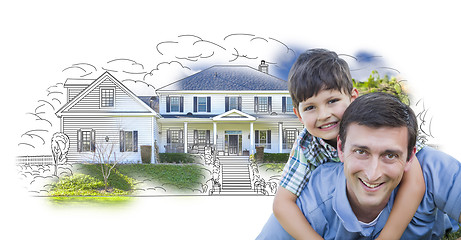 Image showing Father and Son Over House Drawing and Photo on White