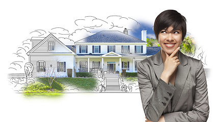 Image showing Mixed Race Female Gazing Over House Drawing and Photo