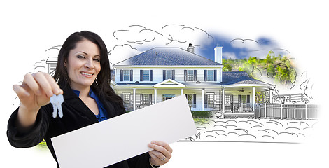 Image showing Woman, Keys, Blank Sign Over House Drawing and Photo on White