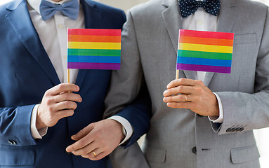 Image showing close up of male gay couple holding rainbow flags