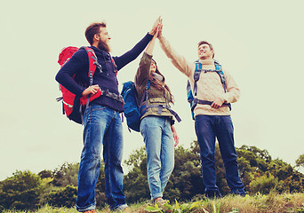 Image showing group of smiling friends with backpacks hiking