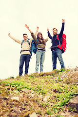 Image showing group of smiling friends with backpacks hiking