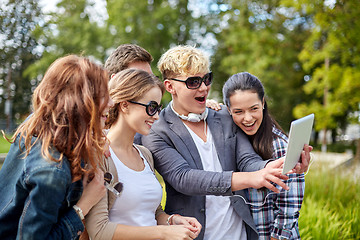 Image showing students or teenagers with tablet pc taking selfie