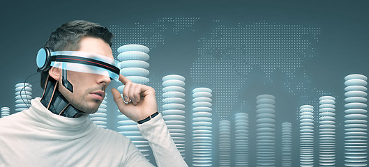 Image showing man with futuristic 3d glasses and sensors