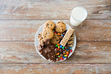 Image showing close up of sweet food and milk glass on table