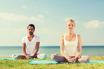 Image showing smiling couple making yoga exercises outdoors