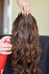 Image showing stylist with hair spray making hairdo at salon