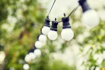 Image showing close up of bulb garland hanging in rainy garden