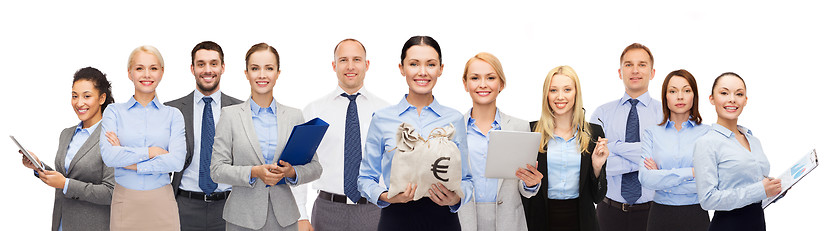 Image showing group of happy businesspeople with money bags
