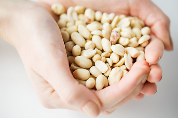 Image showing close up of woman hands holding peeled peanuts