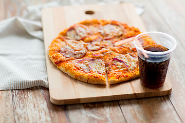 Image showing close up of pizza with coca cola on table