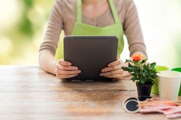 Image showing close up of woman or gardener holding tablet pc