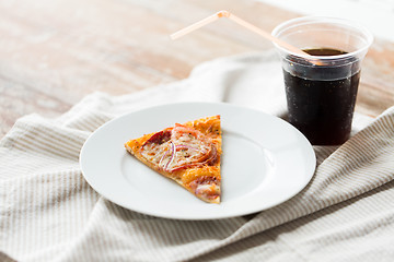 Image showing close up of pizza with coca cola on table