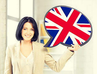 Image showing smiling woman with text bubble of british flag