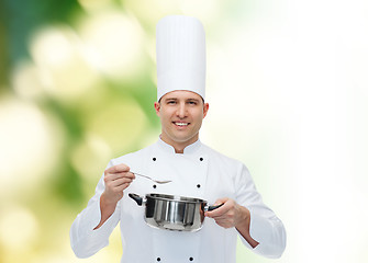 Image showing happy male chef cook with pot and spoon