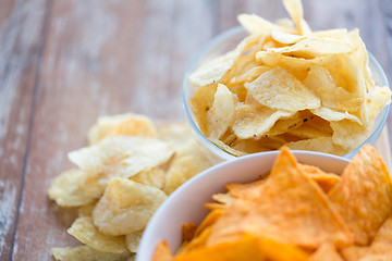 Image showing close up of potato crisps and corn nachos on table