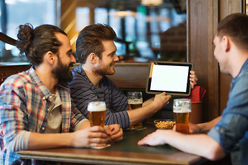 Image showing male friends with tablet pc drinking beer at bar