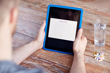 Image showing close up of hands with tablet pc, pills and water