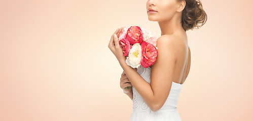 Image showing bride or woman with bouquet of flowers