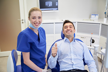 Image showing happy female dentist with man patient at clinic