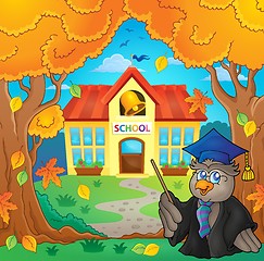 Image showing Owl teacher near school building theme 2