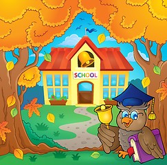 Image showing Owl teacher near school building theme 1