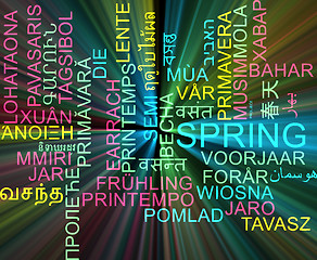 Image showing Spring multilanguage wordcloud background concept glowing