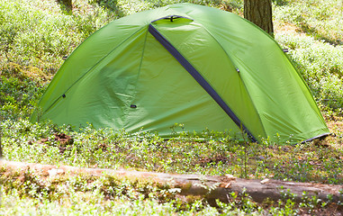Image showing camping outdoor with  tent in woods in summer 